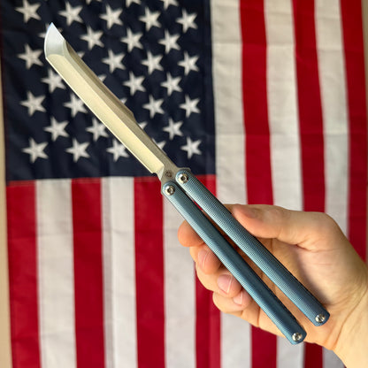 MachineWise Tottori 4.5" Balisong – Sky Blue Titanium, Wave Pattern, S35VN – Serial 271 – BSA26 – Made in USA