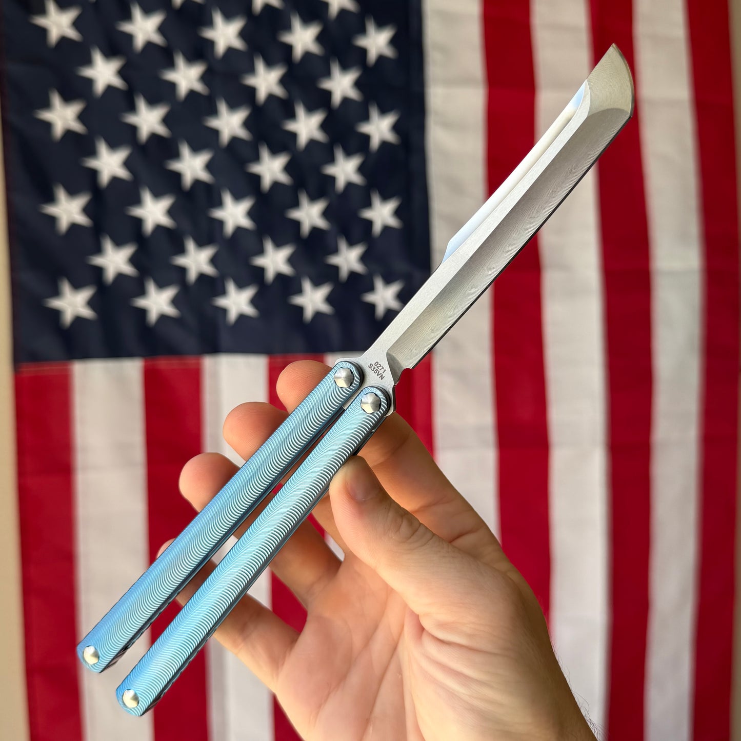 MachineWise Tottori 4.5" Balisong – Sky Blue Titanium, Wave Pattern, S35VN – Serial 271 – BSA26 – Made in USA