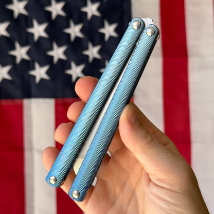 MachineWise Tottori 4.5" Balisong – Sky Blue Titanium, Wave Pattern, S35VN – Serial 271 – BSA26 – Made in USA