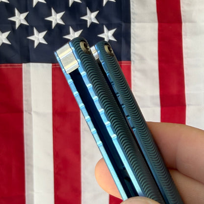 MachineWise Tottori 4.5" Balisong – Sky Blue Titanium, Wave Pattern, S35VN – Serial 271 – BSA26 – Made in USA