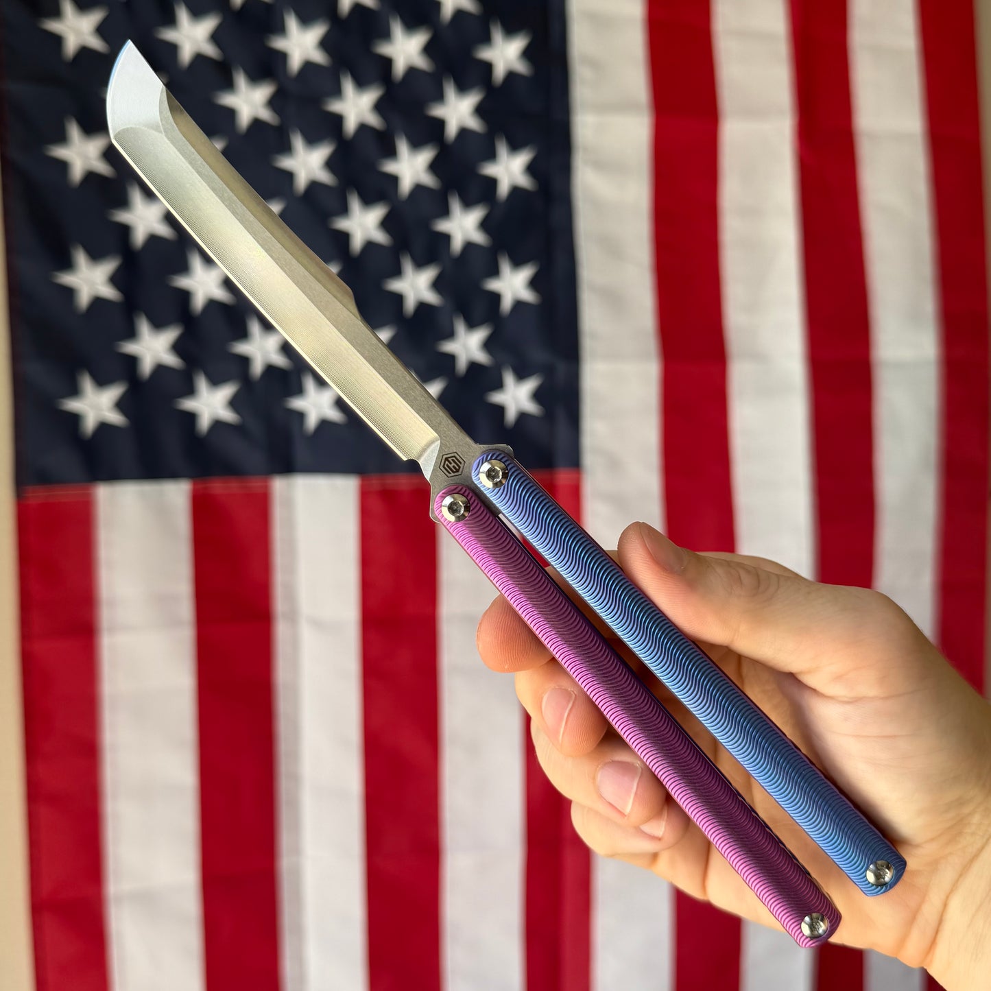 MachineWise Tottori 4.5" Balisong – Blue & Pink Two-Tone Titanium, Wave Pattern, S35VN – Serial 263 – BSA26 – Made in USA