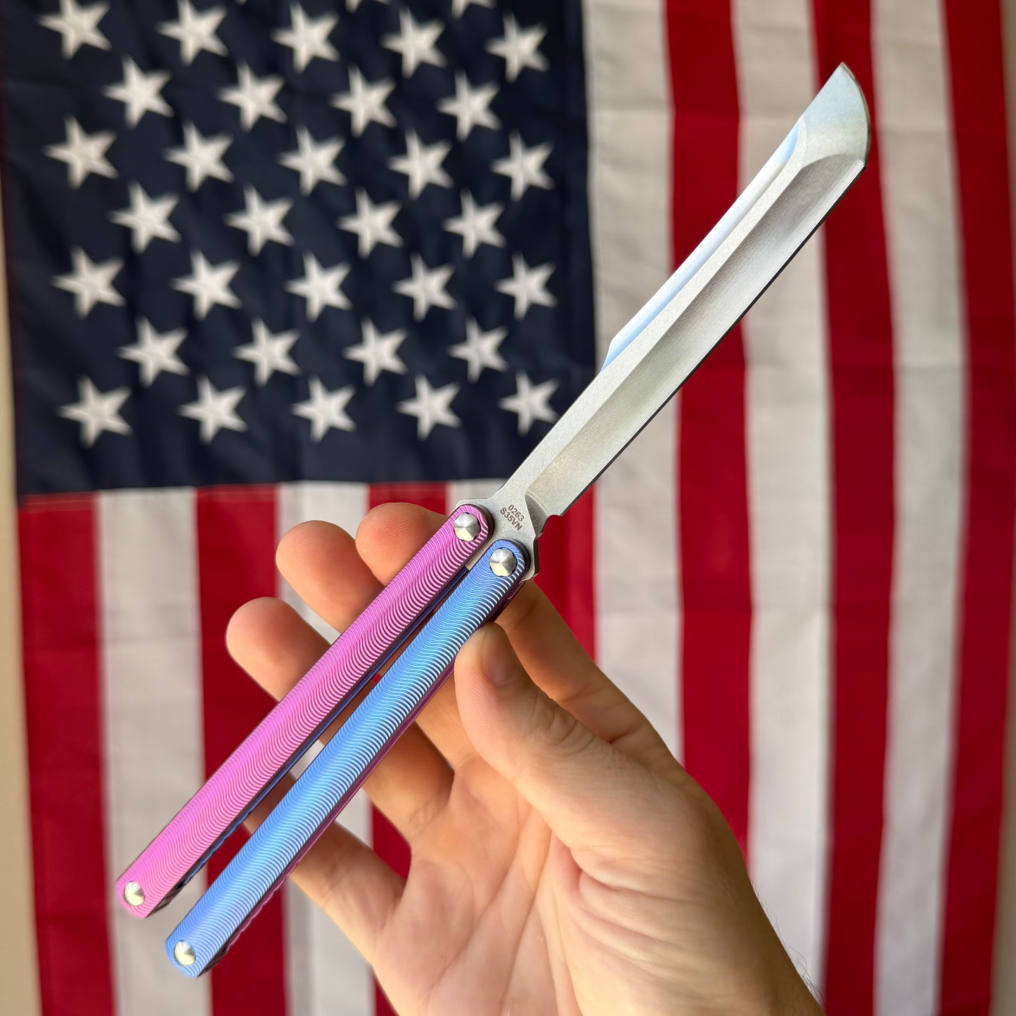 MachineWise Tottori 4.5" Balisong – Blue & Pink Two-Tone Titanium, Wave Pattern, S35VN – Serial 263 – BSA26 – Made in USA