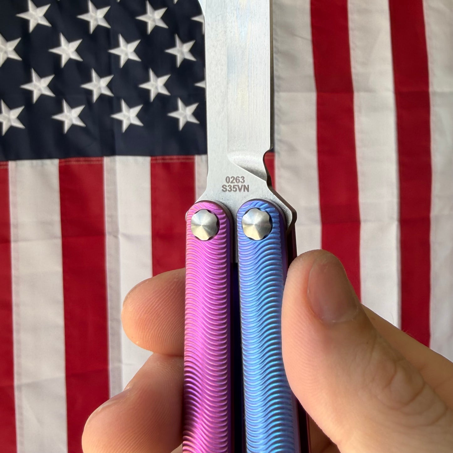 MachineWise Tottori 4.5" Balisong – Blue & Pink Two-Tone Titanium, Wave Pattern, S35VN – Serial 263 – BSA26 – Made in USA