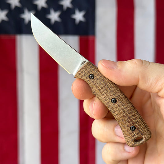 TRM TAGALONG Fixed Blade Knife – 2.44” MagnaCut Blade, Stonewashed Finish, Burlap Micarta Scales, Leather Sheath – Made in USA