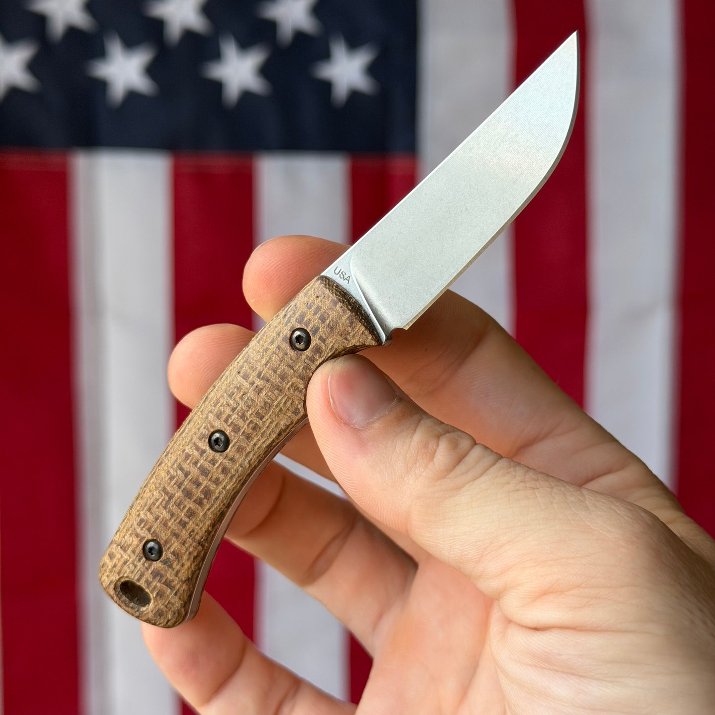 TRM TAGALONG Fixed Blade Knife – 2.44” MagnaCut Blade, Stonewashed Finish, Burlap Micarta Scales, Leather Sheath – Made in USA