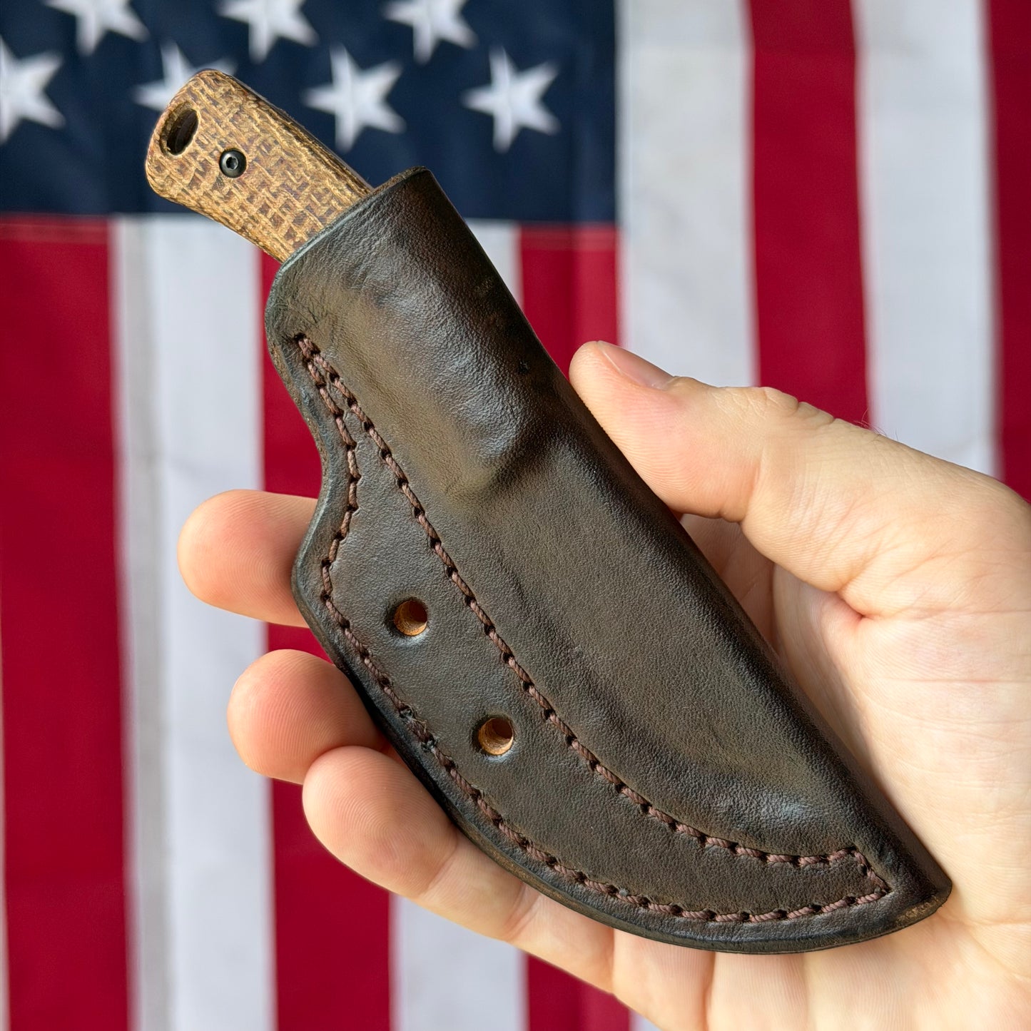 TRM TAGALONG Fixed Blade Knife – 2.44” MagnaCut Blade, Stonewashed Finish, Burlap Micarta Scales, Leather Sheath – Made in USA