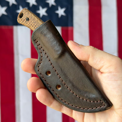TRM TAGALONG Fixed Blade Knife – 2.44” MagnaCut Blade, Stonewashed Finish, Burlap Micarta Scales, Leather Sheath – Made in USA