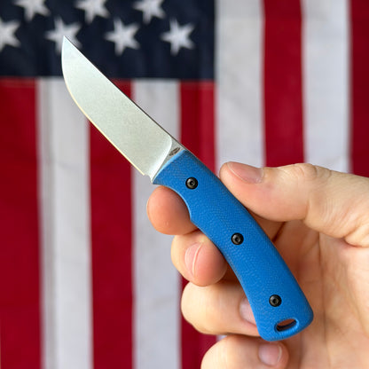 TRM TAGALONG 2.44" Fixed Blade – Royal Blue G10, MagnaCut Tumbled, Leather Taco Sheath – Made in USA