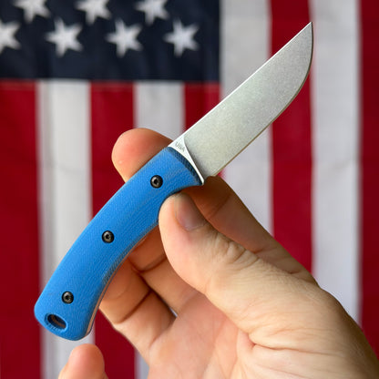 TRM TAGALONG 2.44" Fixed Blade – Royal Blue G10, MagnaCut Tumbled, Leather Taco Sheath – Made in USA
