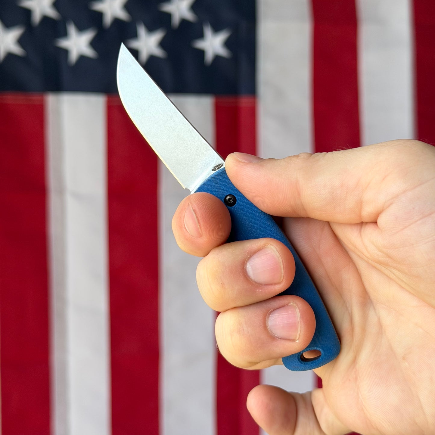 TRM TAGALONG 2.44" Fixed Blade – Royal Blue G10, MagnaCut Tumbled, Leather Taco Sheath – Made in USA