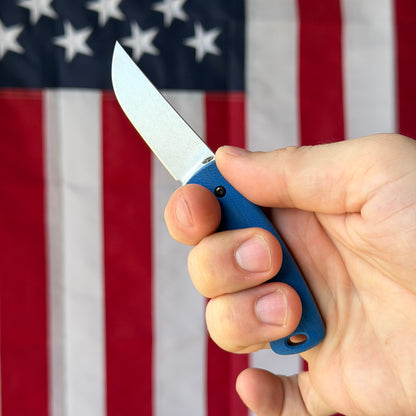 TRM TAGALONG 2.44" Fixed Blade – Royal Blue G10, MagnaCut Tumbled, Leather Taco Sheath – Made in USA