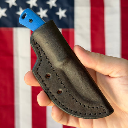 TRM TAGALONG 2.44" Fixed Blade – Royal Blue G10, MagnaCut Tumbled, Leather Taco Sheath – Made in USA