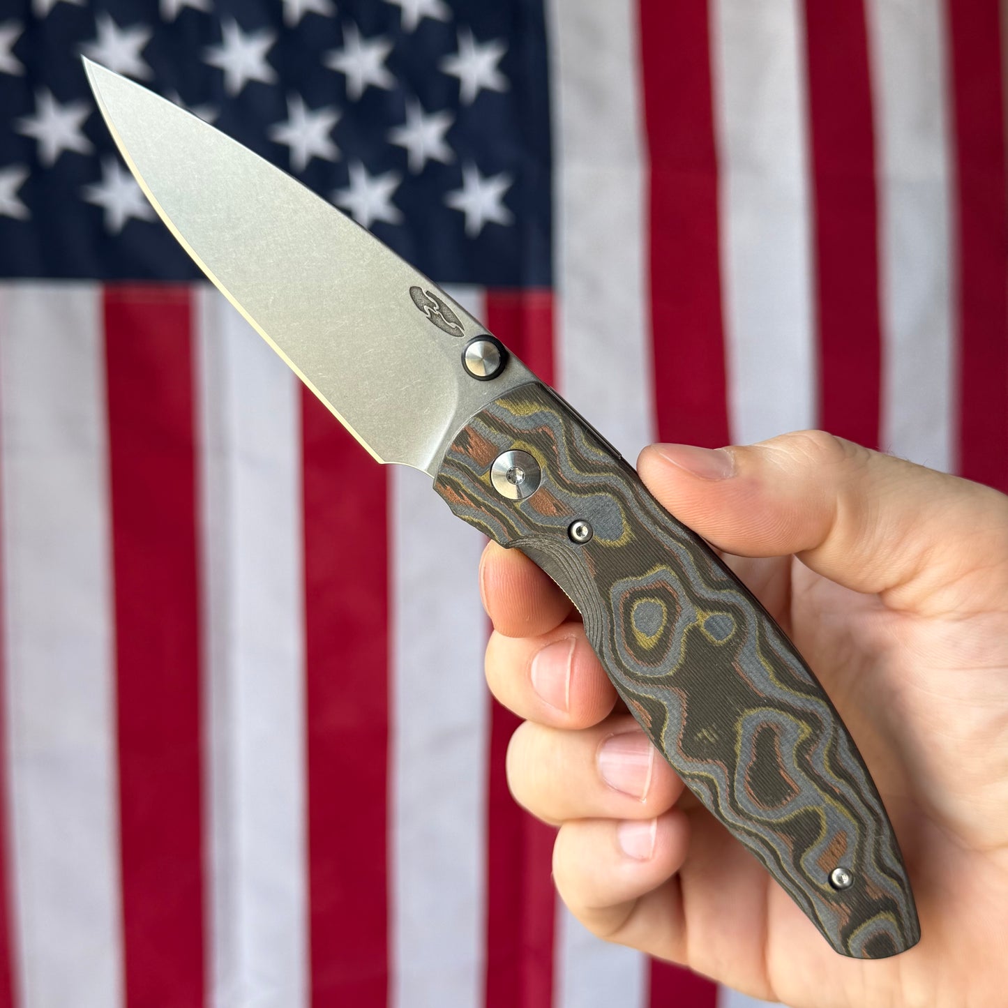 TRM ATOM 3.5" Linerlock – Mokume Camo Carbon 3D, CPM 20CV Tumbled – Made in USA