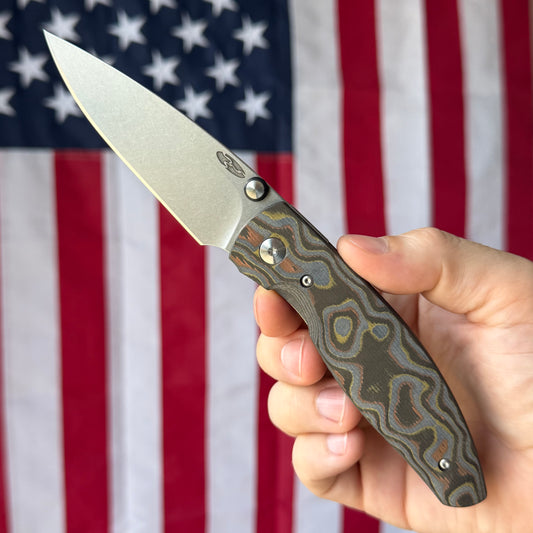 TRM ATOM 3.5" Linerlock – Mokume Camo Carbon 3D, CPM 20CV Tumbled – Made in USA
