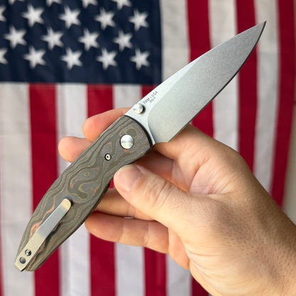 TRM ATOM 3.5" Linerlock – Mokume Camo Carbon 3D, CPM 20CV Tumbled – Made in USA
