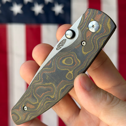 TRM ATOM 3.5" Linerlock – Mokume Camo Carbon 3D, CPM 20CV Tumbled – Made in USA