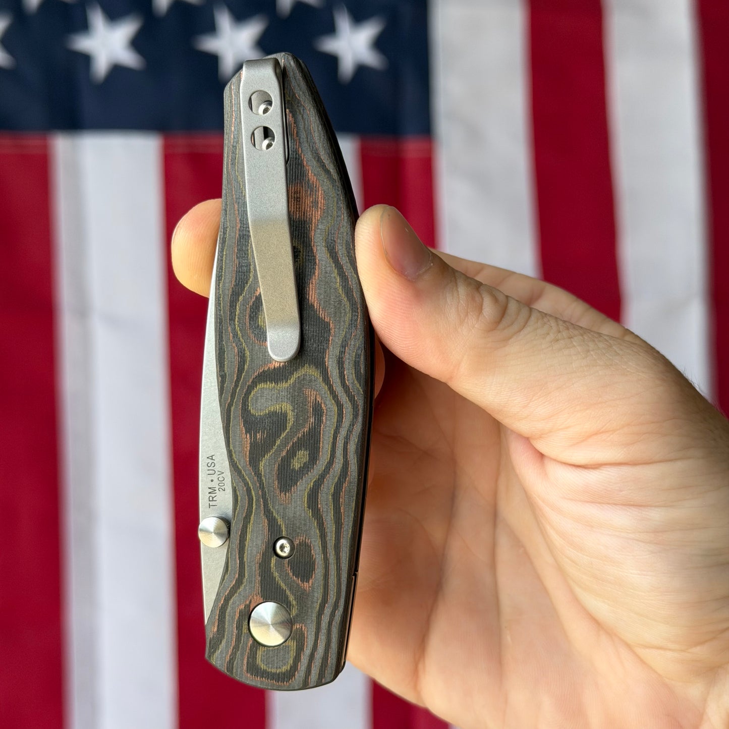 TRM ATOM 3.5" Linerlock – Mokume Camo Carbon 3D, CPM 20CV Tumbled – Made in USA