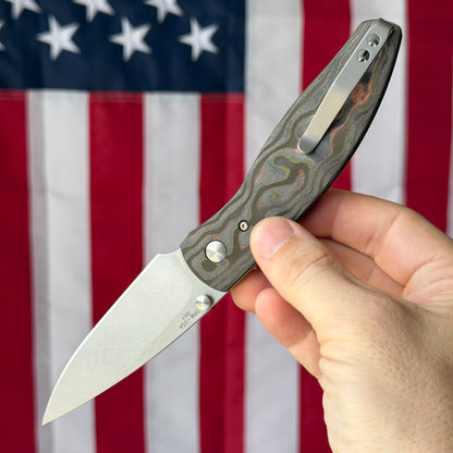 TRM ATOM 3.5" Linerlock – Mokume Camo Carbon 3D, CPM 20CV Tumbled – Made in USA