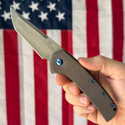 MC MF-X 3.43" Frame Lock Flipper – S30V, Distressed Bronze Titanium Handle – Made in USA