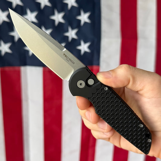 Pro-Tech TR-3 Tactical Response 3 Auto 3.5" – Black Fish Scale Handle, 154CM Stonewash Clip Point – Made in USA (TR-3 X1 SW)