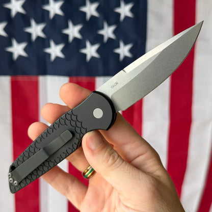 Pro-Tech TR-3 Tactical Response 3 Auto 3.5" – Black Fish Scale Handle, 154CM Stonewash Clip Point – Made in USA (TR-3 X1 SW)