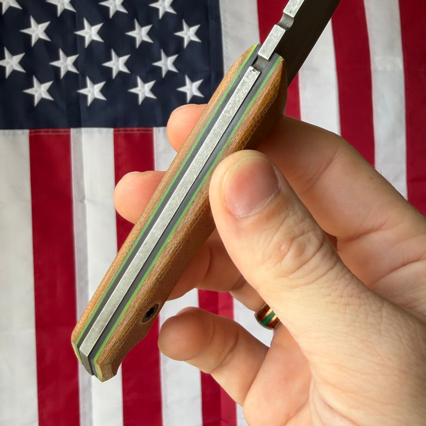 Brass Brigade J-KAL Texas Pocket Bowie 2.75" Fixed Blade – Natural Micarta, Green Liners, CPM-154 Grant's Grinds – LSKS Exclusive – Made in USA