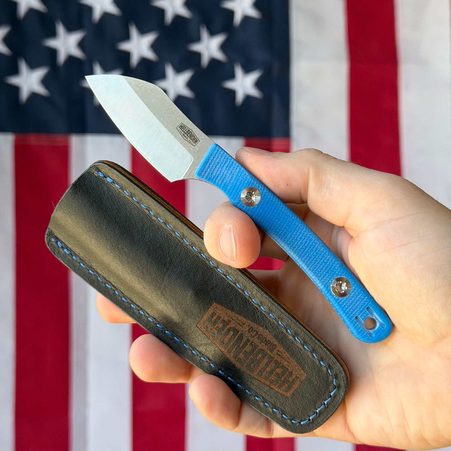 Hellbender Blade Co. Newt 2" Fixed Blade – Blue G10, MagnaCut Satin Sheepsfoot, Leather Sheath – Made in USA