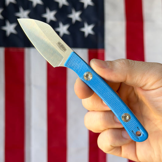 Hellbender Blade Co. Newt 2" Fixed Blade – Blue G10, MagnaCut Satin Sheepsfoot, Leather Sheath – Made in USA