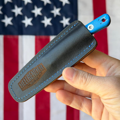 Hellbender Blade Co. Newt 2" Fixed Blade – Blue G10, MagnaCut Satin Sheepsfoot, Leather Sheath – Made in USA