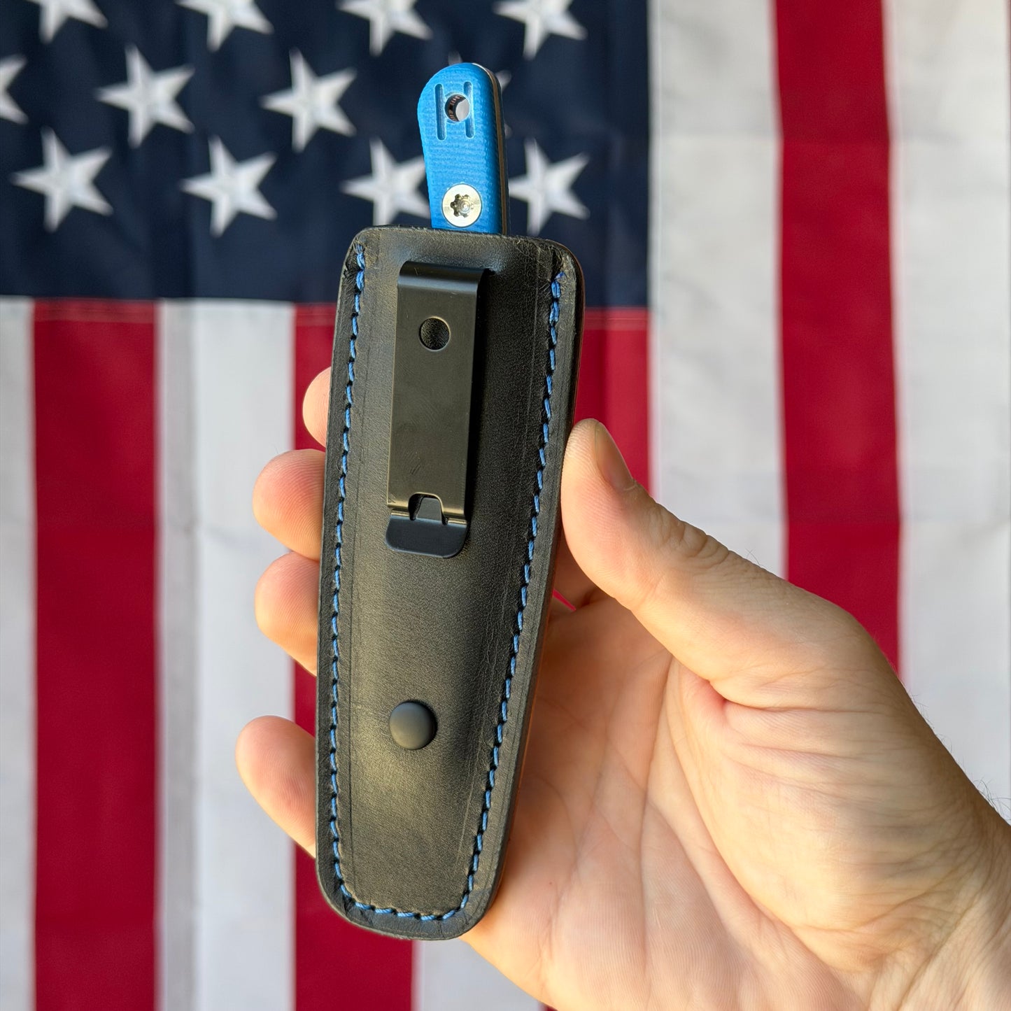 Hellbender Blade Co. Newt 2" Fixed Blade – Blue G10, MagnaCut Satin Sheepsfoot, Leather Sheath – Made in USA