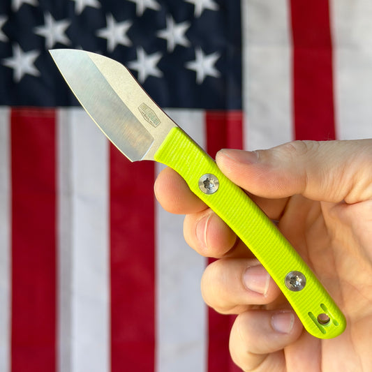 Hellbender Blade Co. Newt 2" Fixed Blade – Toxic Yellow G10, MagnaCut Satin Sheepsfoot, Kydex Sheath – Made in USA