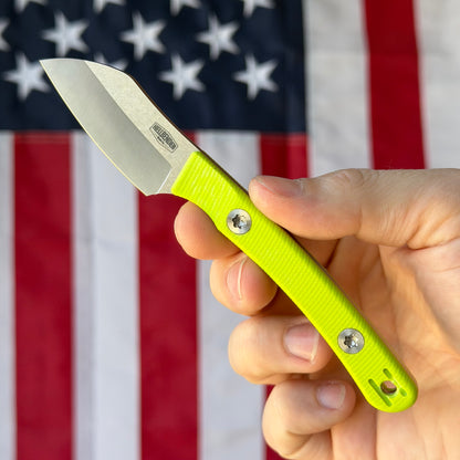 Hellbender Blade Co. Newt 2" Fixed Blade – Toxic Yellow G10, MagnaCut Satin Sheepsfoot, Kydex Sheath – Made in USA
