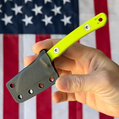 Hellbender Blade Co. Newt 2" Fixed Blade – Toxic Yellow G10, MagnaCut Satin Sheepsfoot, Kydex Sheath – Made in USA