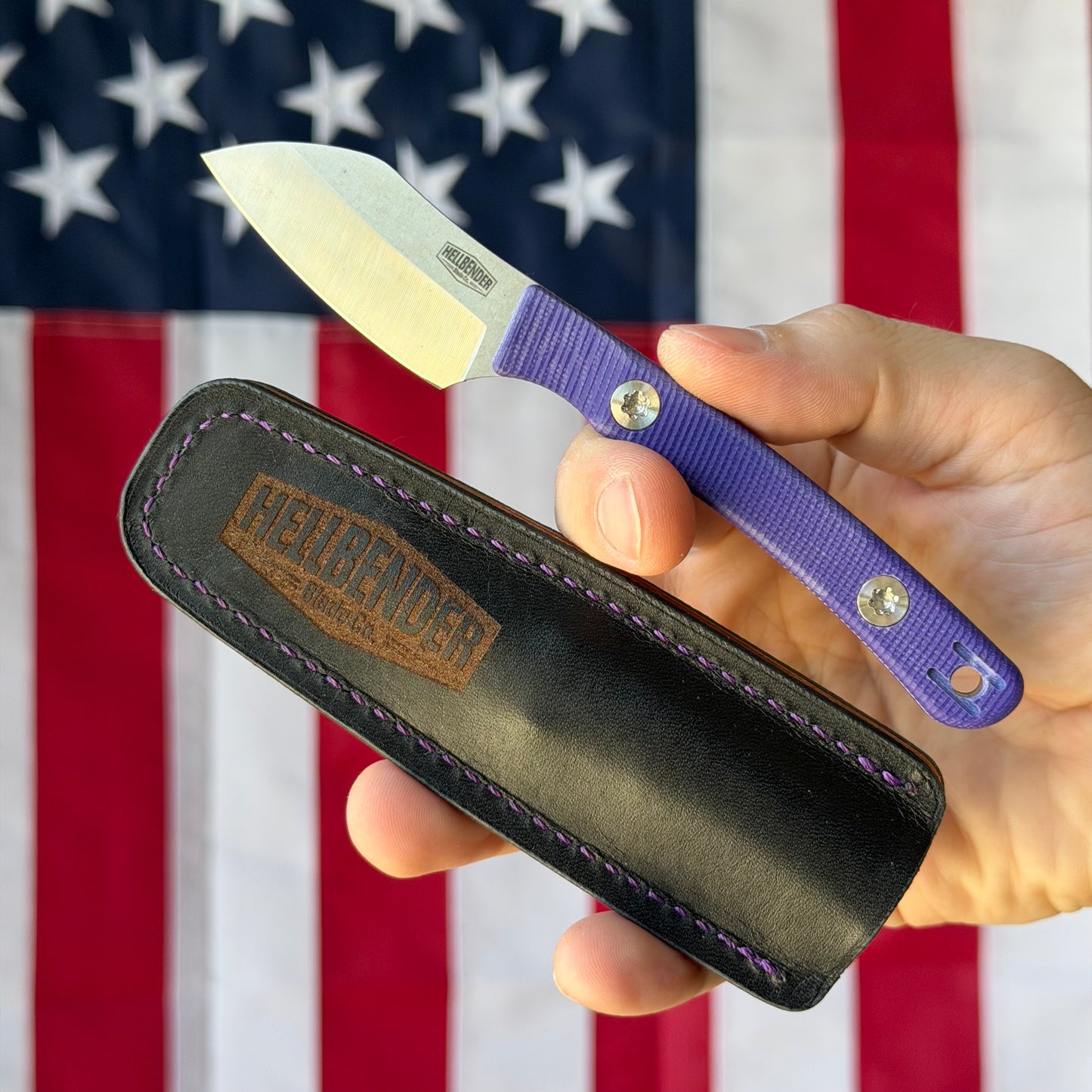 Hellbender Blade Co. Newt 2" Fixed Blade – Purple G10, MagnaCut Satin Sheepsfoot, Leather Sheath – Made in USA