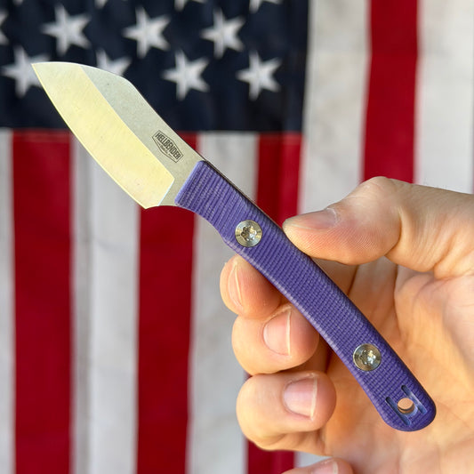 Hellbender Blade Co. Newt 2" Fixed Blade – Purple G10, MagnaCut Satin Sheepsfoot, Leather Sheath – Made in USA