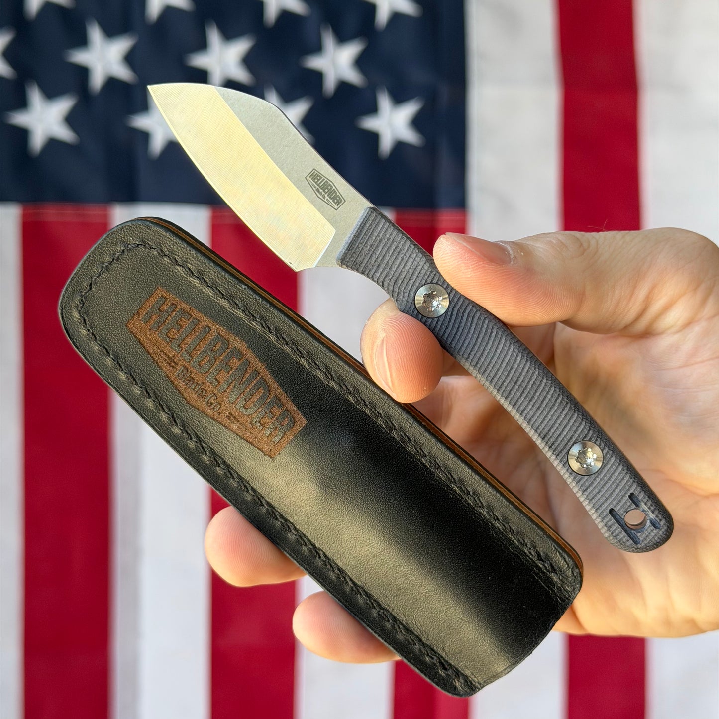 Hellbender Blade Co. Newt 2" Fixed Blade – Black G10, MagnaCut Satin Sheepsfoot, Leather Sheath – Made in USA