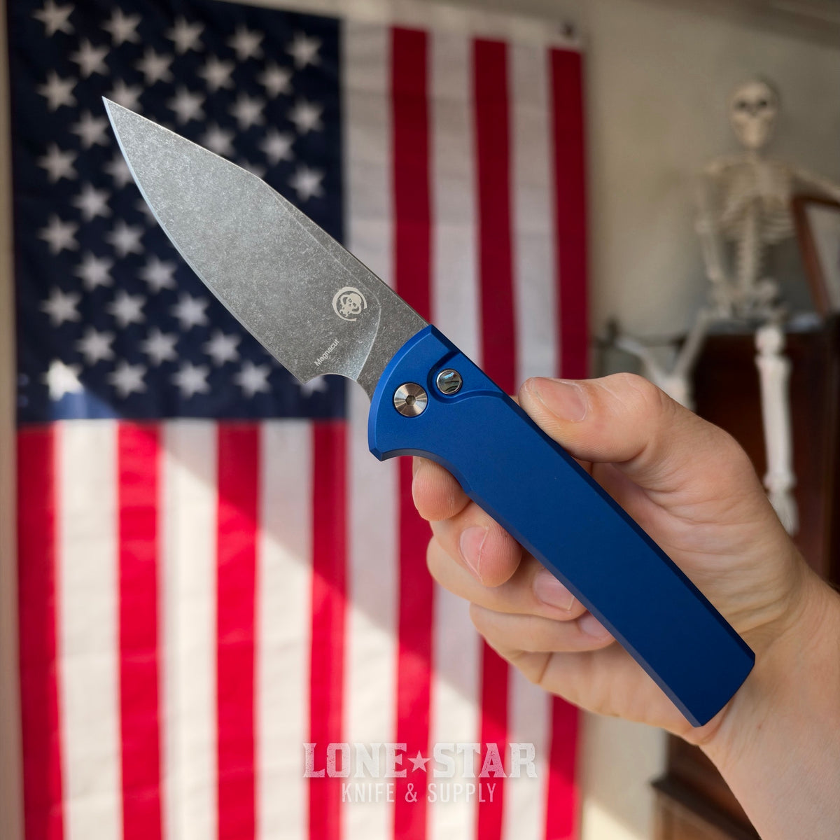 Pro-Tech Scapegoat Fullsize Auto, Ramon Chavez Design, Blue Aluminum, Acid Wash MagnaCut, Abalone Button, Stonewash Titanium Skull Clip, Serialized of 40, CCKS Fall 2026 - Made in USA (CCKSF26.RCS2101-AW LTD Blue)