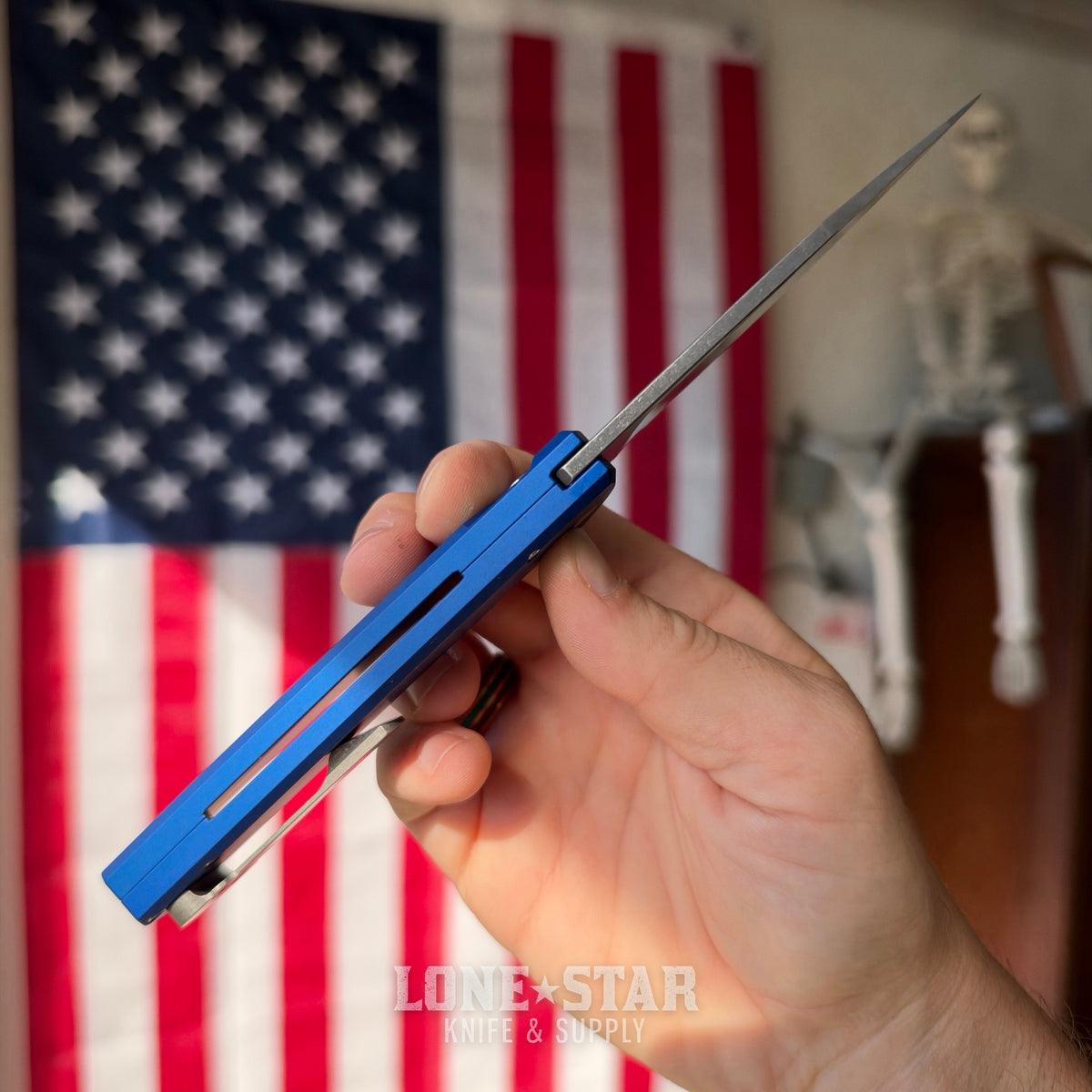 Pro-Tech Scapegoat Fullsize Auto, Ramon Chavez Design, Blue Aluminum, Acid Wash MagnaCut, Abalone Button, Stonewash Titanium Skull Clip, Serialized of 40, CCKS Fall 2026 - Made in USA (CCKSF26.RCS2101-AW LTD Blue)