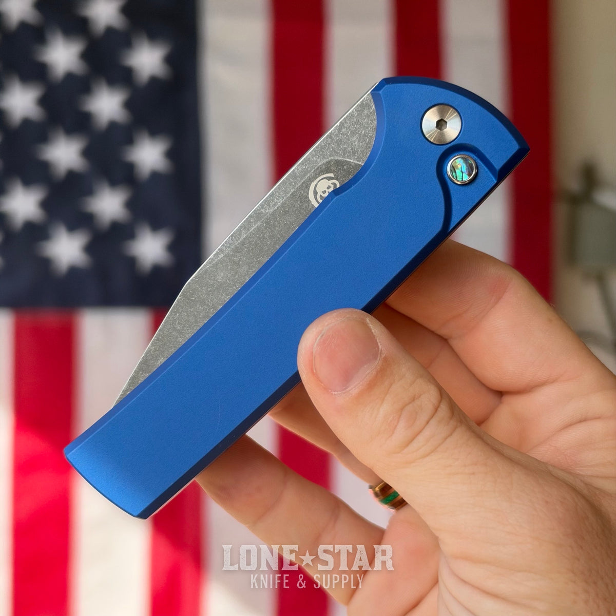 Pro-Tech Scapegoat Fullsize Auto, Ramon Chavez Design, Blue Aluminum, Acid Wash MagnaCut, Abalone Button, Stonewash Titanium Skull Clip, Serialized of 40, CCKS Fall 2026 - Made in USA (CCKSF26.RCS2101-AW LTD Blue)