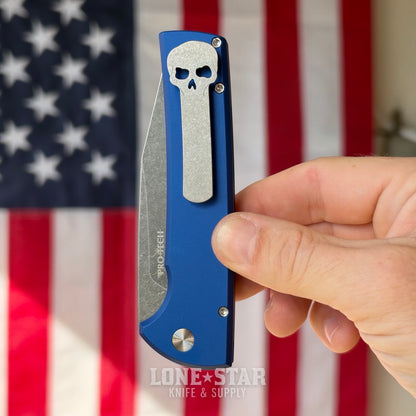 Pro-Tech Scapegoat Fullsize Auto, Ramon Chavez Design, Blue Aluminum, Acid Wash MagnaCut, Abalone Button, Stonewash Titanium Skull Clip, Serialized of 40, CCKS Fall 2026 - Made in USA (CCKSF26.RCS2101-AW LTD Blue)