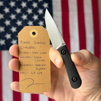 Radio Silence Chikadee 2.5" Fixed Blade – NSM Wear (CruWear) 63-64 HRC, Double Black Canvas Micarta, Kydex Sheath – Made in USA