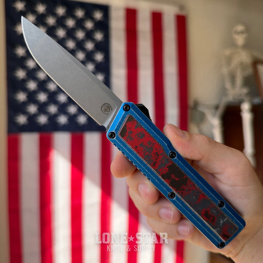 Chaves Dissident OTF Auto, M390 Drop Point, Battle Worn Blue Anodized, Nebula Carbon Fiber Inlay, Black PVD Titanium Hardware - Made in USA (CHAVES-DISSIDENT-BW-NEBULA-DP)