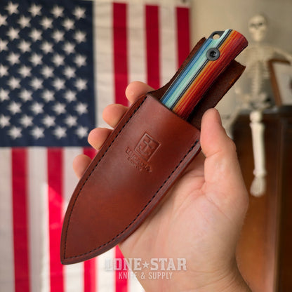 Leucadia Blade Co The LandShark - 3.5" MagnaCut Drop Point, Black DLC, Mexican Blanket GCarta, Leather Sheath - Made in USA (LBC-LANDSHARK-MEXBLANKET-DLC)