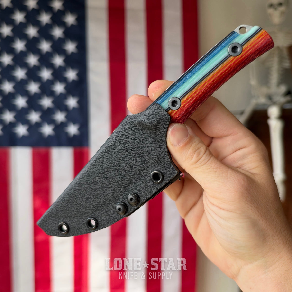 Leucadia Blade Co The LandShark - 3.5" MagnaCut Drop Point, Stonewash, Mexican Blanket GCarta, Kydex Sheath - Made in USA (LBC-LANDSHARK-MEXBLANKET-SW-KYD)