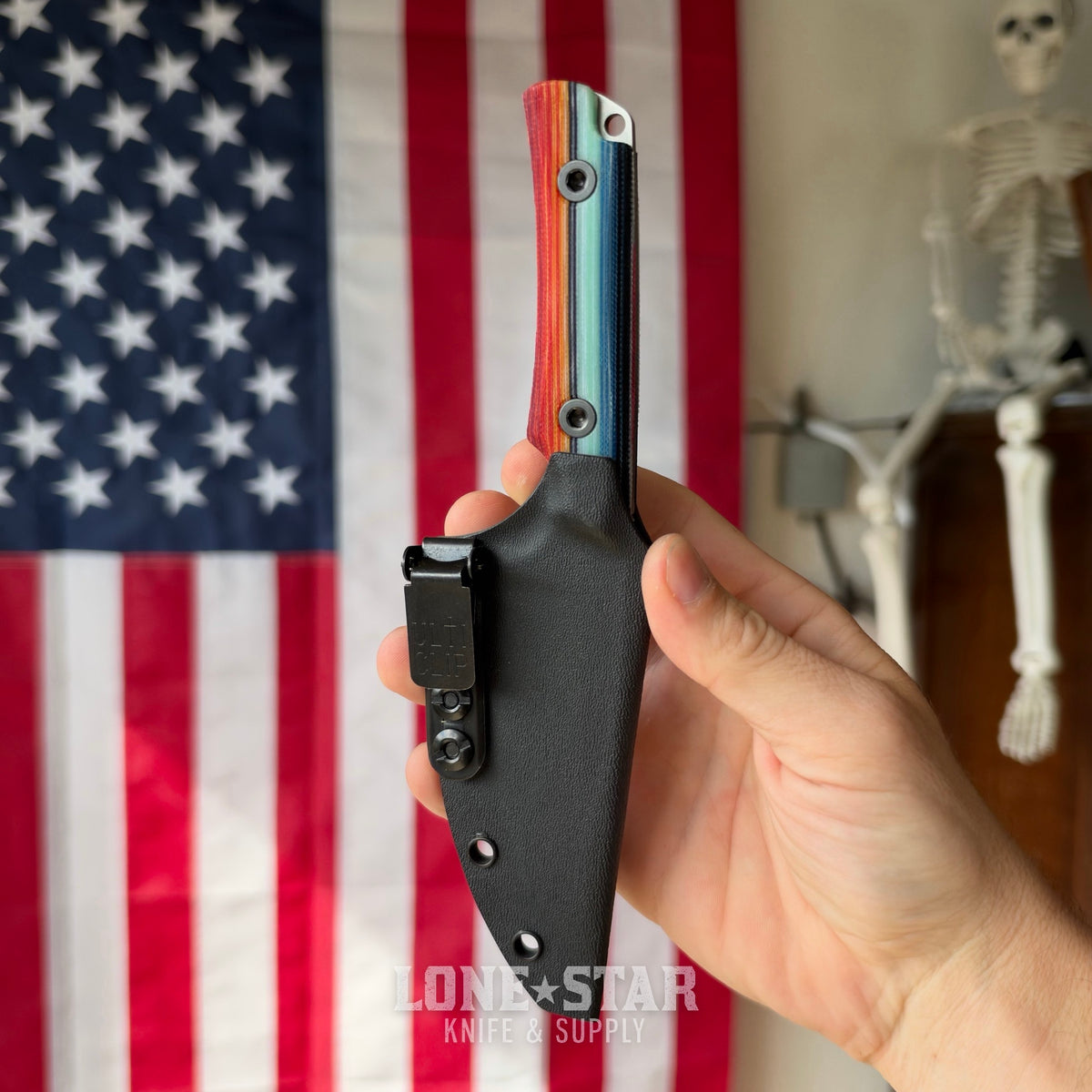 Leucadia Blade Co The LandShark - 3.5" MagnaCut Drop Point, Stonewash, Mexican Blanket GCarta, Kydex Sheath - Made in USA (LBC-LANDSHARK-MEXBLANKET-SW-KYD)