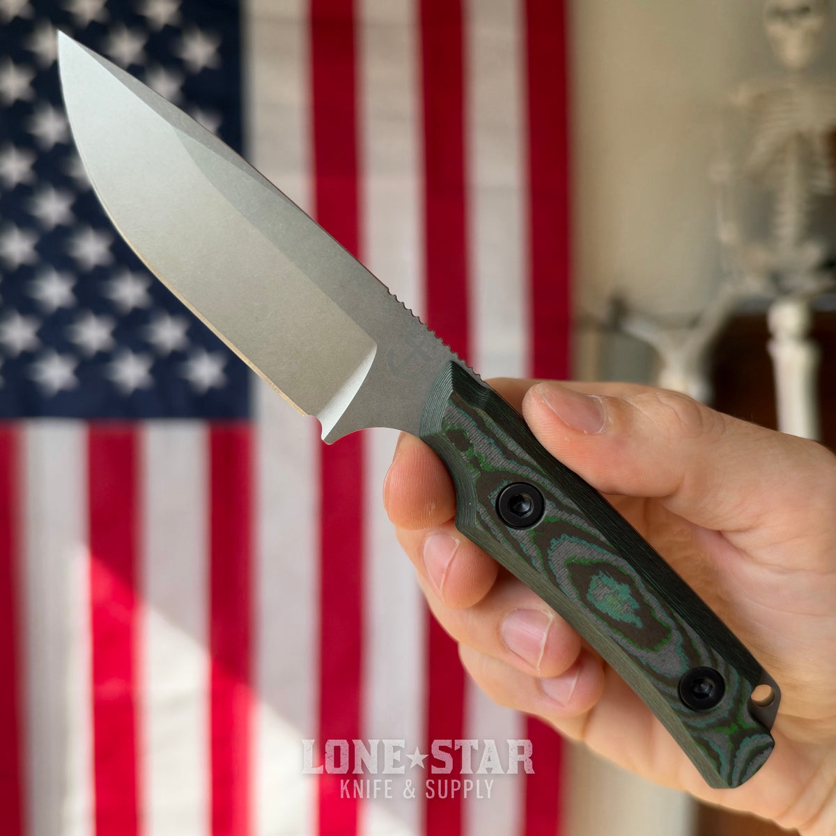 Leucadia Blade Co The LandShark - 3.5" MagnaCut Drop Point, Stonewash, Kelp Bed CamoCarbon, Leather or Kydex - Made in USA (LBC-LANDSHARK-KELPBED-SW)
