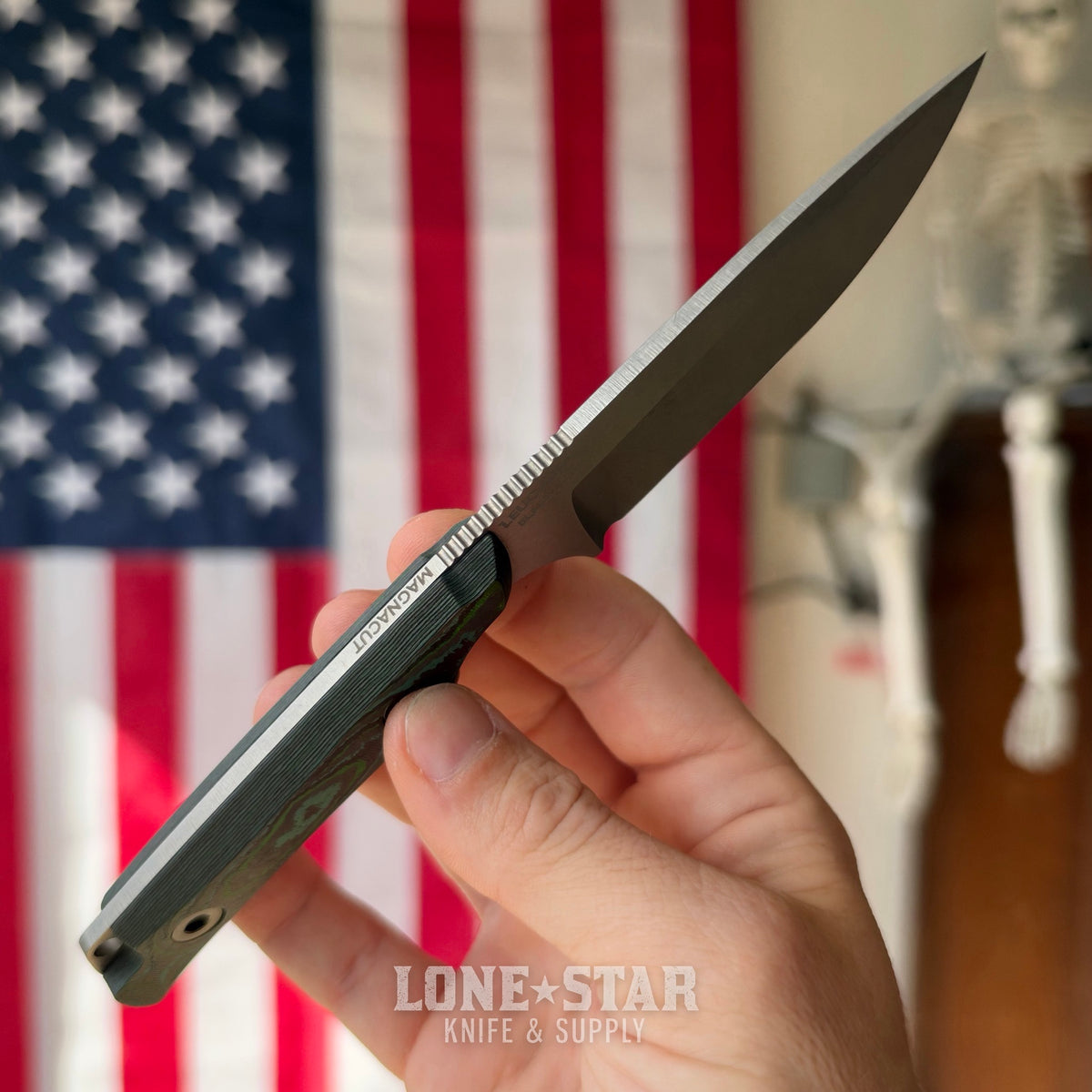 Leucadia Blade Co The LandShark - 3.5" MagnaCut Drop Point, Stonewash, Kelp Bed CamoCarbon, Leather or Kydex - Made in USA (LBC-LANDSHARK-KELPBED-SW)