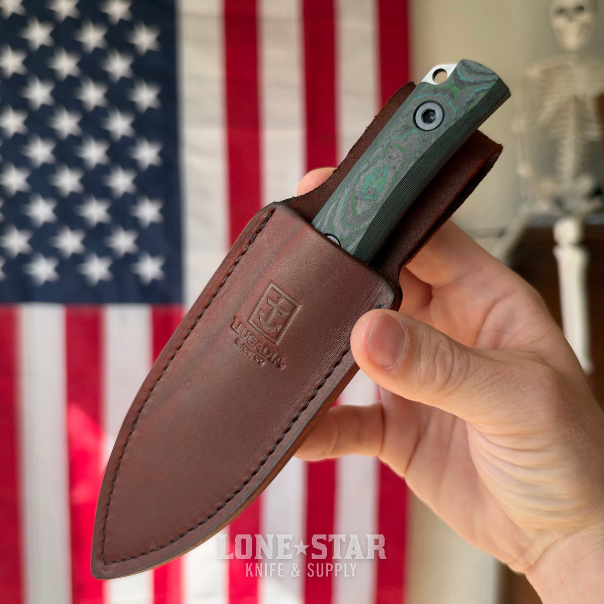 Leucadia Blade Co The LandShark - 3.5" MagnaCut Drop Point, Stonewash, Kelp Bed CamoCarbon, Leather or Kydex - Made in USA (LBC-LANDSHARK-KELPBED-SW)