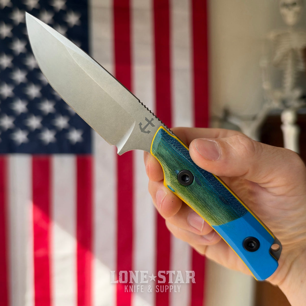 Leucadia Blade Co The LandShark - 3.5" MagnaCut Drop Point, Stonewash, Segmented Mahi GCarta with Blue G10, Leather Sheath - Made in USA (LBC-LANDSHARK-MAHI-SEG-BLUEG10)