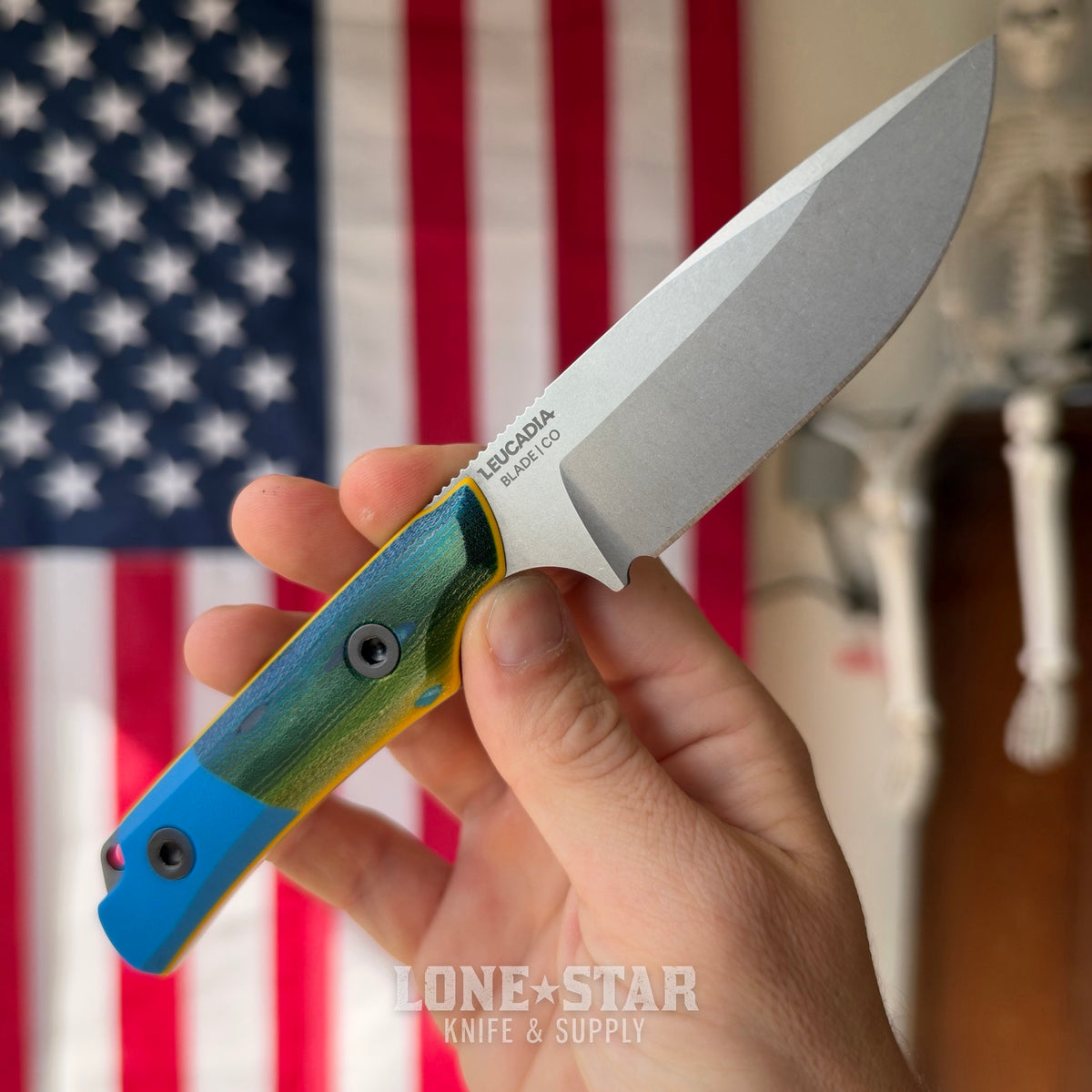 Leucadia Blade Co The LandShark - 3.5" MagnaCut Drop Point, Stonewash, Segmented Mahi GCarta with Blue G10, Leather Sheath - Made in USA (LBC-LANDSHARK-MAHI-SEG-BLUEG10)